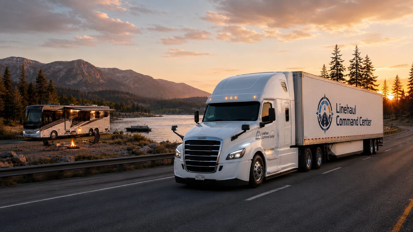 A Linehaul Command Center branded linehaul truck on the highway at sunset