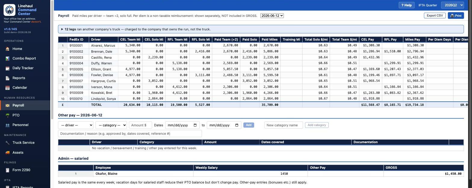 Payroll view with per-driver paid miles split by company, and a banner reading 12 legs ran another company's truck